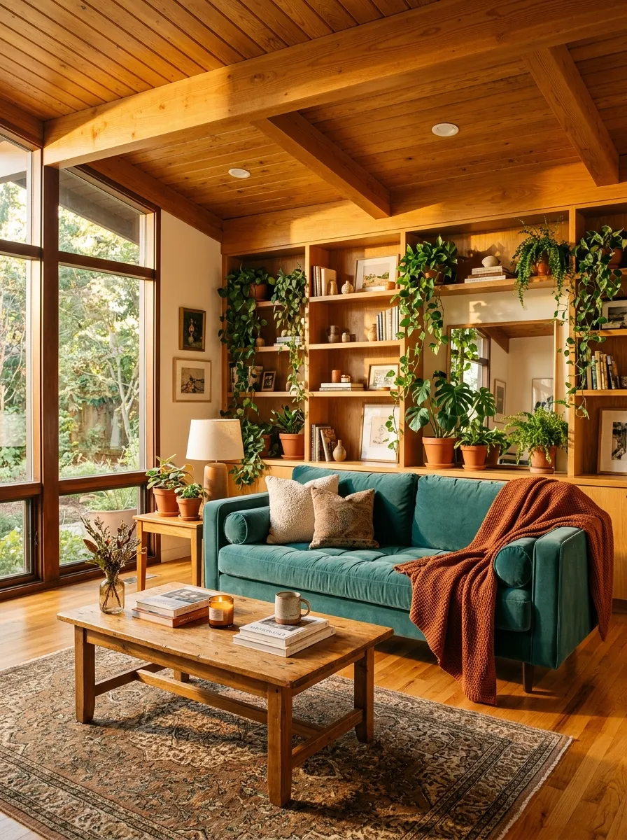 Teal blue green sofa with warm honey oak wood accents and terracotta plants in a lively living room