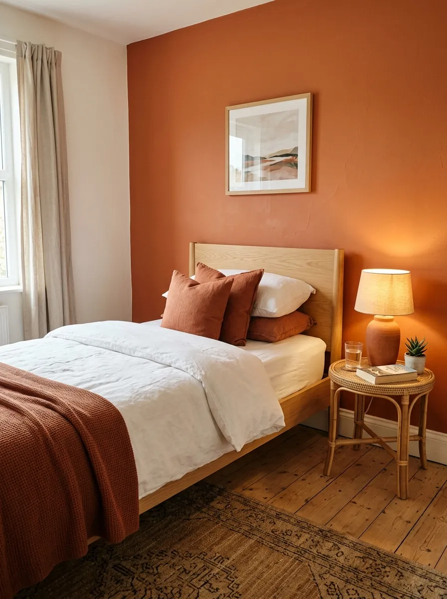 22 Colorful Apartment Decorating Ideas That Make Every Room Feel Bold, Stylish, and Cohesive 2 Terracotta color blocked accent wall behind a bed with white bedding and rattan accents in a stylish apartment