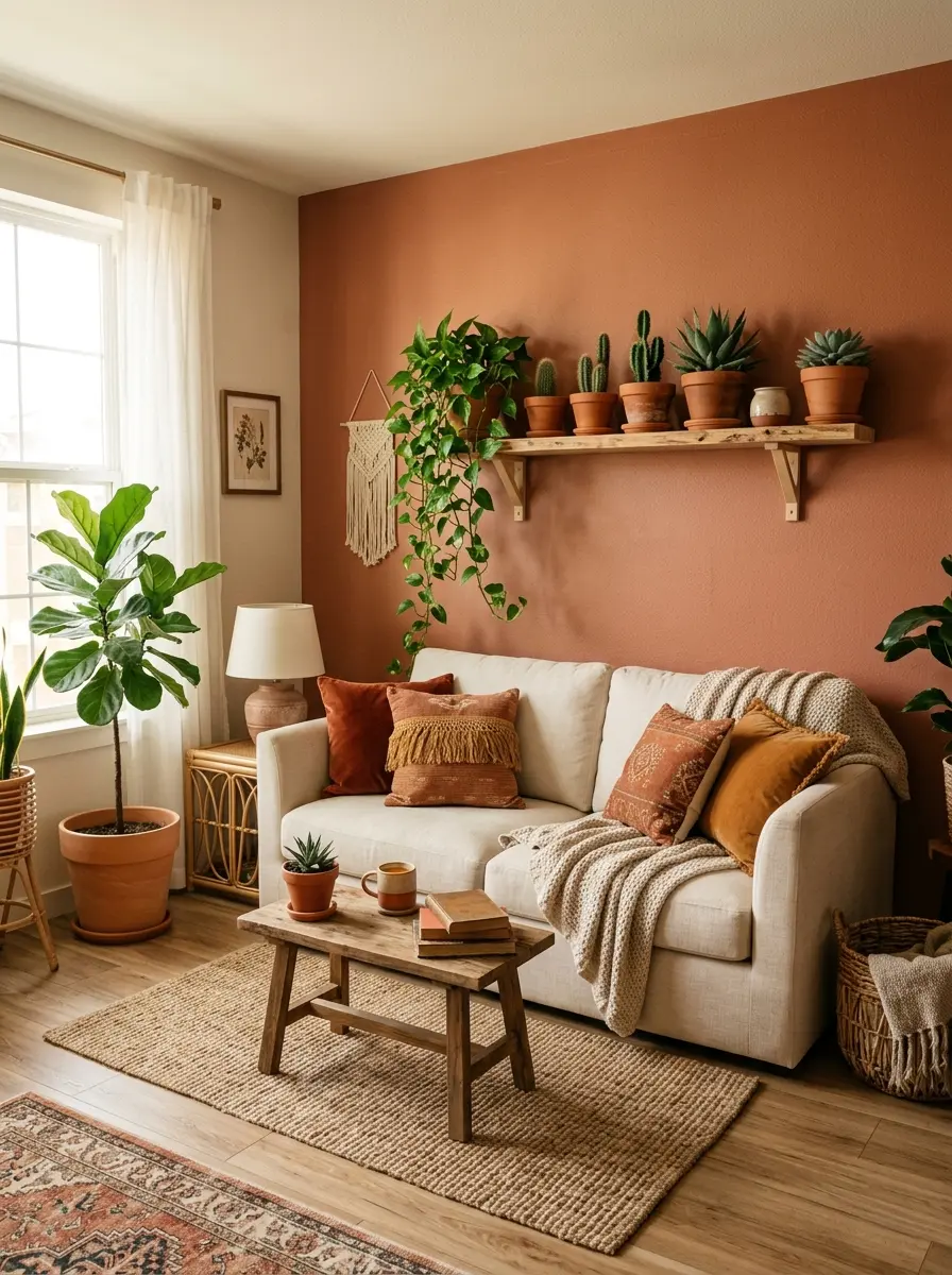 22 Boho Apartment Ideas That Turn Small Spaces Into Soulful, Cozy, and Stylish Sanctuaries 7 A small Boho apartment living room with a terracotta accent wall, cream sofa, rust pillows, plants, and jute rug in warm afternoon light.