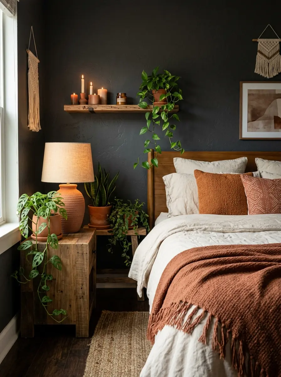 20 Dark Boho Bedroom Ideas That Embrace Moody Colors, Cozy Textures, and Relaxing Nighttime Style 10 A dark Boho bedroom with charcoal walls, terracotta ceramic accents, rust throw pillows, and trailing plants on a wooden shelf