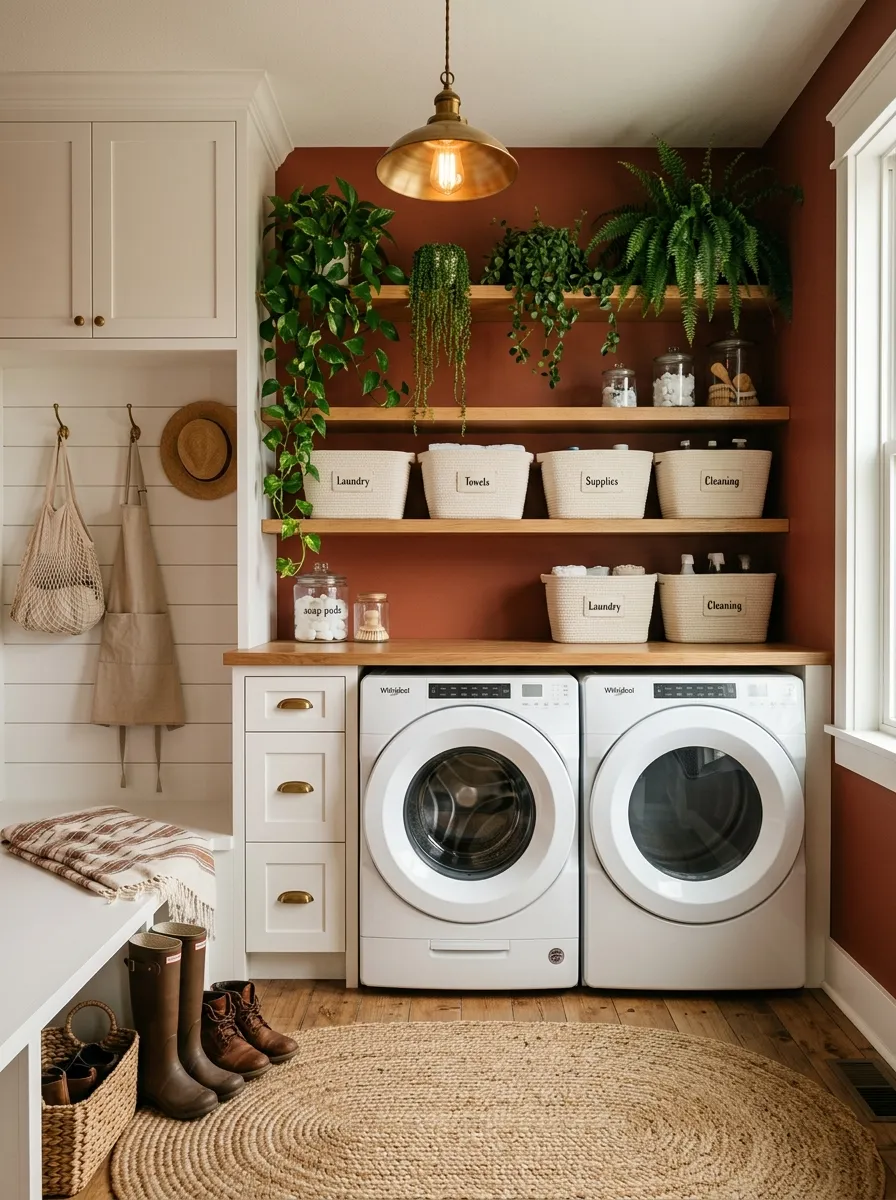 Deep terracotta mudroom laundry room with white trim cabinetry, wood shelving, linen baskets, and brass pendant light