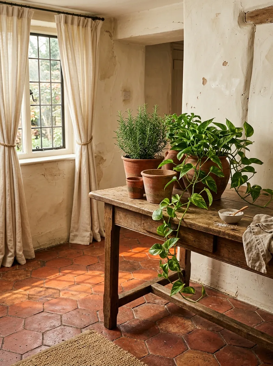 21 Earthy Cottage Decorating Ideas That Transform Your Home Into a Calm and Cozy Retreat 10 Terracotta hexagonal tile floor and handthrown pottery pots in a warm rustic cottage kitchen