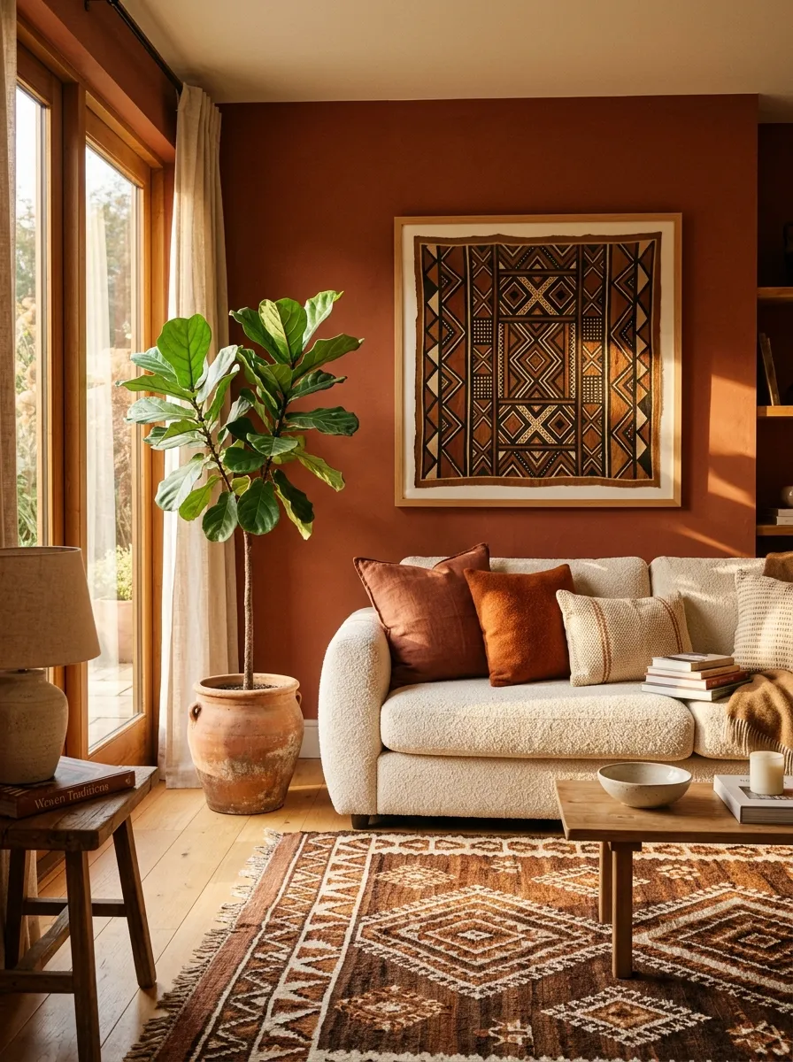 23 Afro Boho Living Room Ideas That Feel Warm, Authentic, Stylish, and Truly Lived In 2 Terracotta walls, cream sofa, and earthy rug in an Afro Boho Living Room with warm golden light