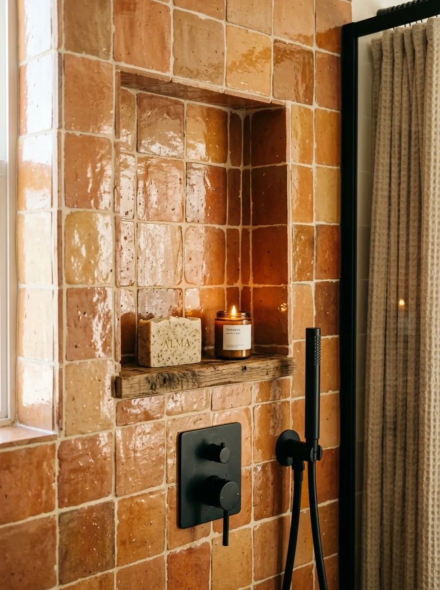 19 Boho Bathroom Ideas That Combine Soft Textures, Natural Details, and Soulful Eclectic Style 3 A Boho bathroom shower niche with handmade terracotta zellige tiles in warm burnt orange tones and matte black fixtures beside a wooden shelf.