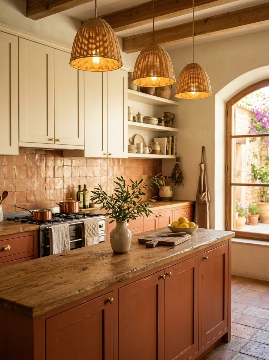 Mediterranean style kitchen with terracotta lower cabinets, cream upper cabinets, handmade tile backsplash, and warm golden light