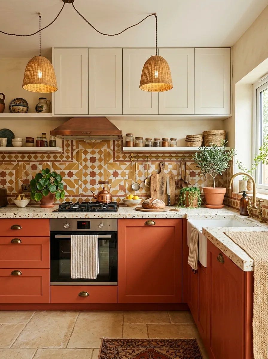 Terracotta lower cabinets and off white upper cabinets with Moroccan tile backsplash in a warm earthy two color kitchen cabinet design