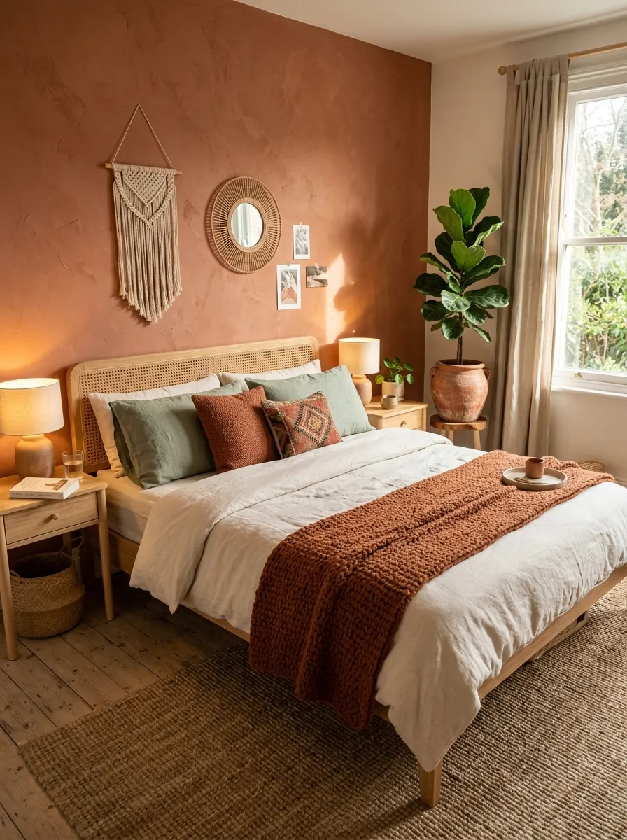 23 Curated Boho Bedroom Ideas for a Cozy, Inviting, and Effortlessly Stylish Retreat 9 Terracotta accent wall with sage green pillows and rust throw in a warm earthy Boho bedroom color styling
