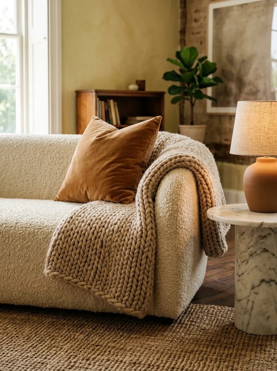 25 Luxury Living Room Ideas That Reveal the Design Details Most People Completely Overlook 6 Bouclé sofa, marble table, woven rug, and velvet pillow creating rich texture in an upscale living room decor space