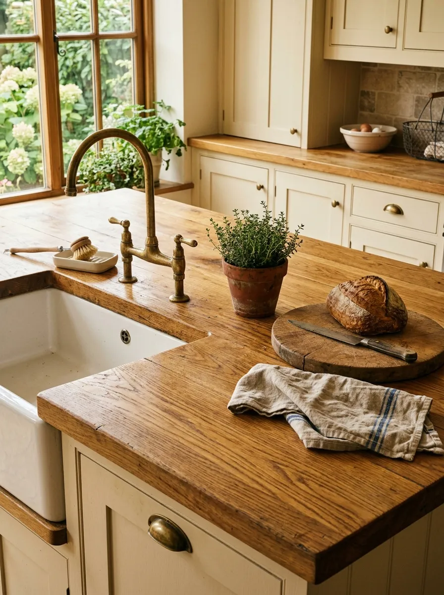 23 Rustic Farmhouse Kitchen Ideas That Use Quiet Design Rules to Create a Timeless Look 4 Thick honey oak butcher block countertop with visible grain in a warm rustic farmhouse kitchen alongside cream cabinetry.