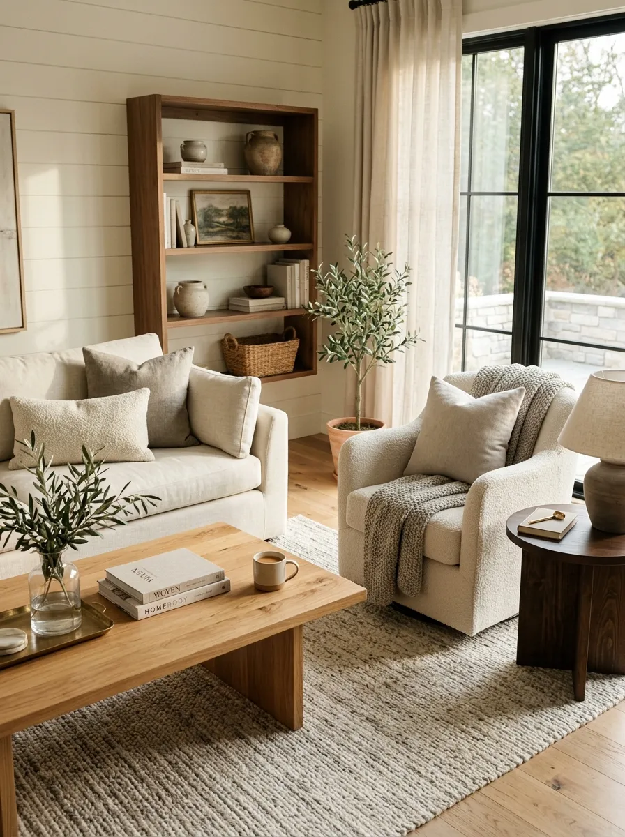21 Modern Farmhouse Living Room Ideas That Perfectly Balance Texture, Warmth, and Modern Style 20 A modern farmhouse living room showing three warm toned wood pieces: light honey coffee table, medium walnut shelf, and dark side table working beautifully together.