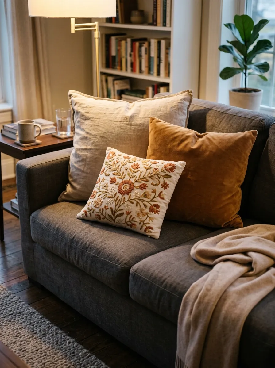 25 Luxury Living Room Ideas That Reveal the Design Details Most People Completely Overlook 18 Three varied throw pillows and cashmere throw styled on a sofa inside a living room design ideas space