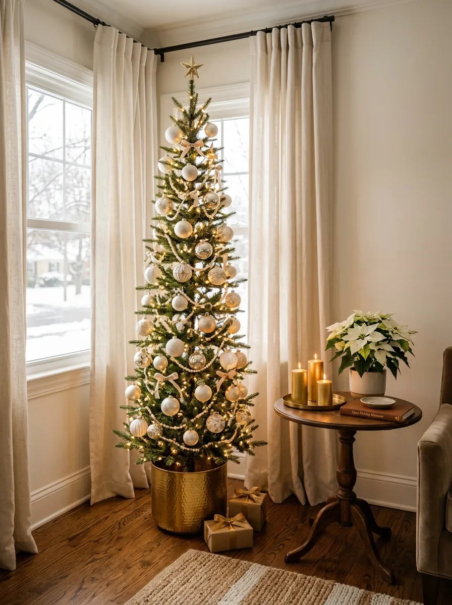 Timeless Classy Christmas Decor Ideas with a gold pencil tree, pearl ornaments, and white poinsettia on hardwood floors