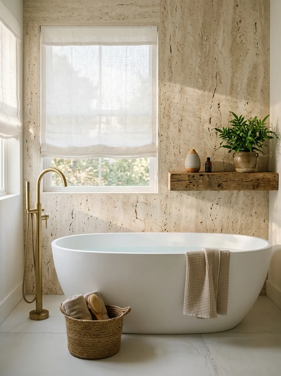 Natural travertine stone accent wall behind freestanding tub with brushed gold fixtures in a modern farmhouse bathroom