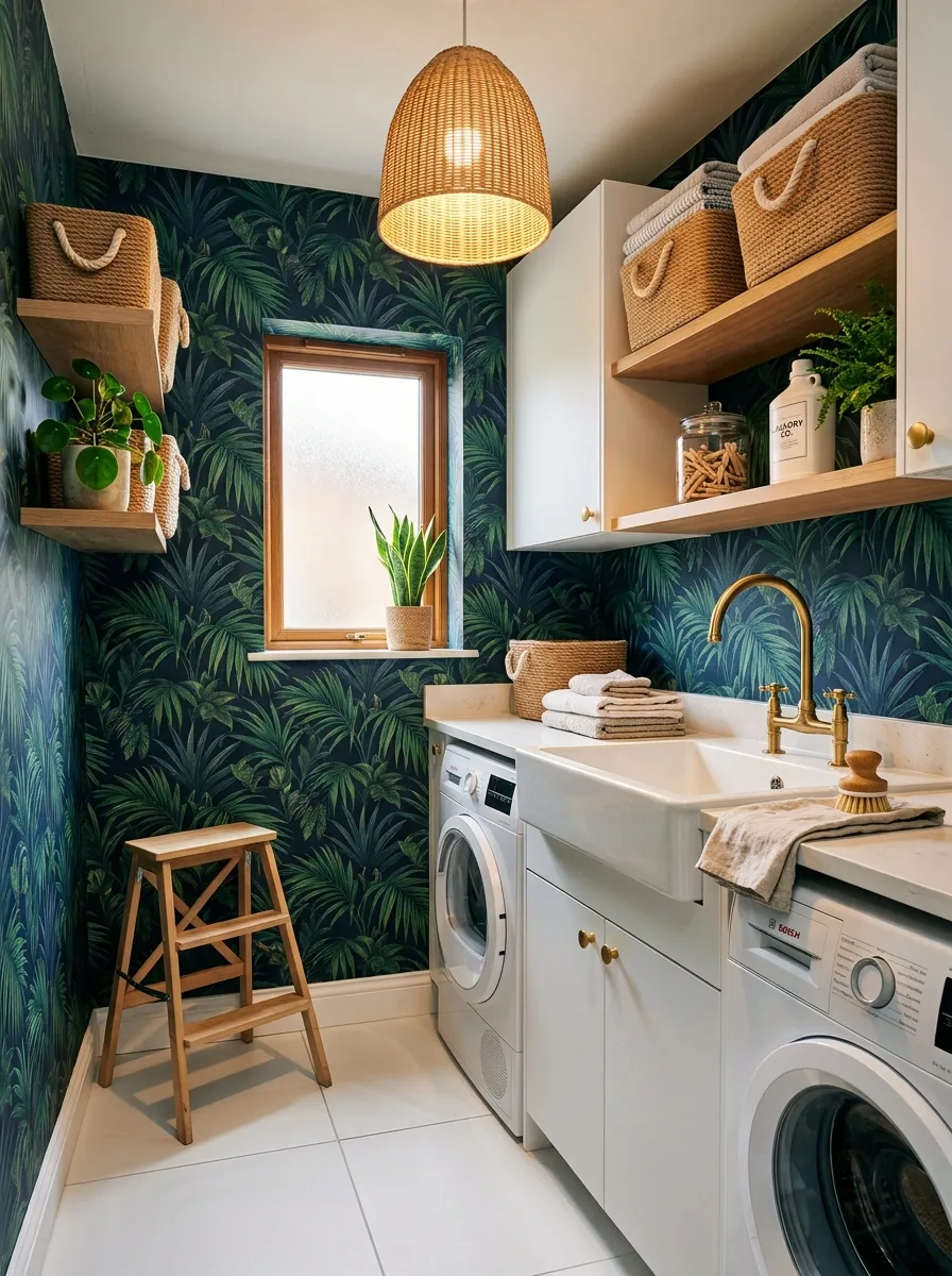 Vibrant laundry room with dark navy tropical palm leaf wallpaper ideas for laundry room, white flat front cabinetry, brass hardware, and rattan pendant light