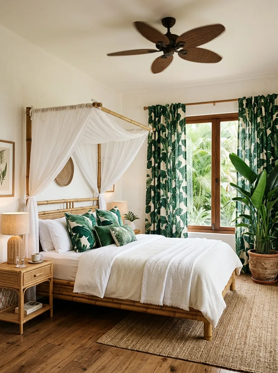Tropical resort boutique bedroom with bamboo canopy bed, bird of paradise plant, and tropical leaf curtains for a breezy resort luxury feel