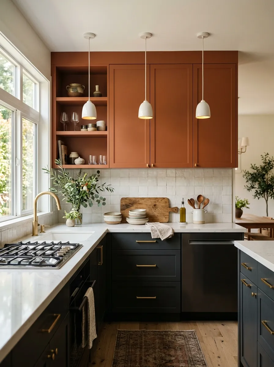 Two tone kitchen with charcoal lower cabinets and terracotta upper cabinets, white quartz countertops, and matte gold hardware