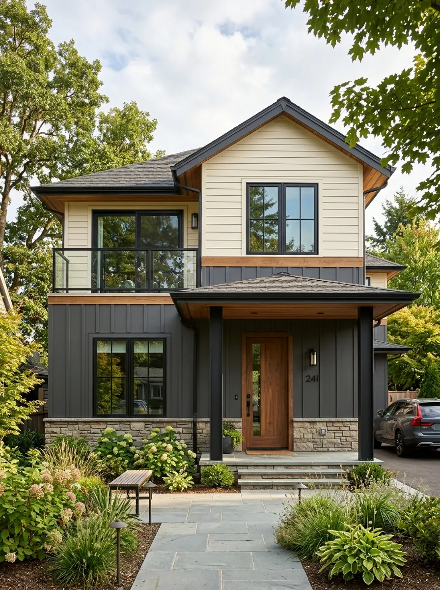 Modern craftsman home in a two tone charcoal and cream palette, one of the boldest Exterior House Color Trends transforming home design in 2026
