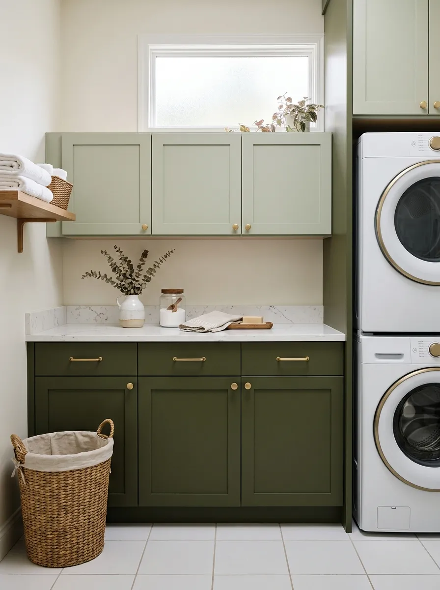 18 Green Laundry Room Ideas That Prove This Color Is More Than Just a Passing Design Trend 9 Two tone green laundry room with deep olive lower cabinets and sage upper cabinets, white countertop, and matching brushed gold hardware throughout