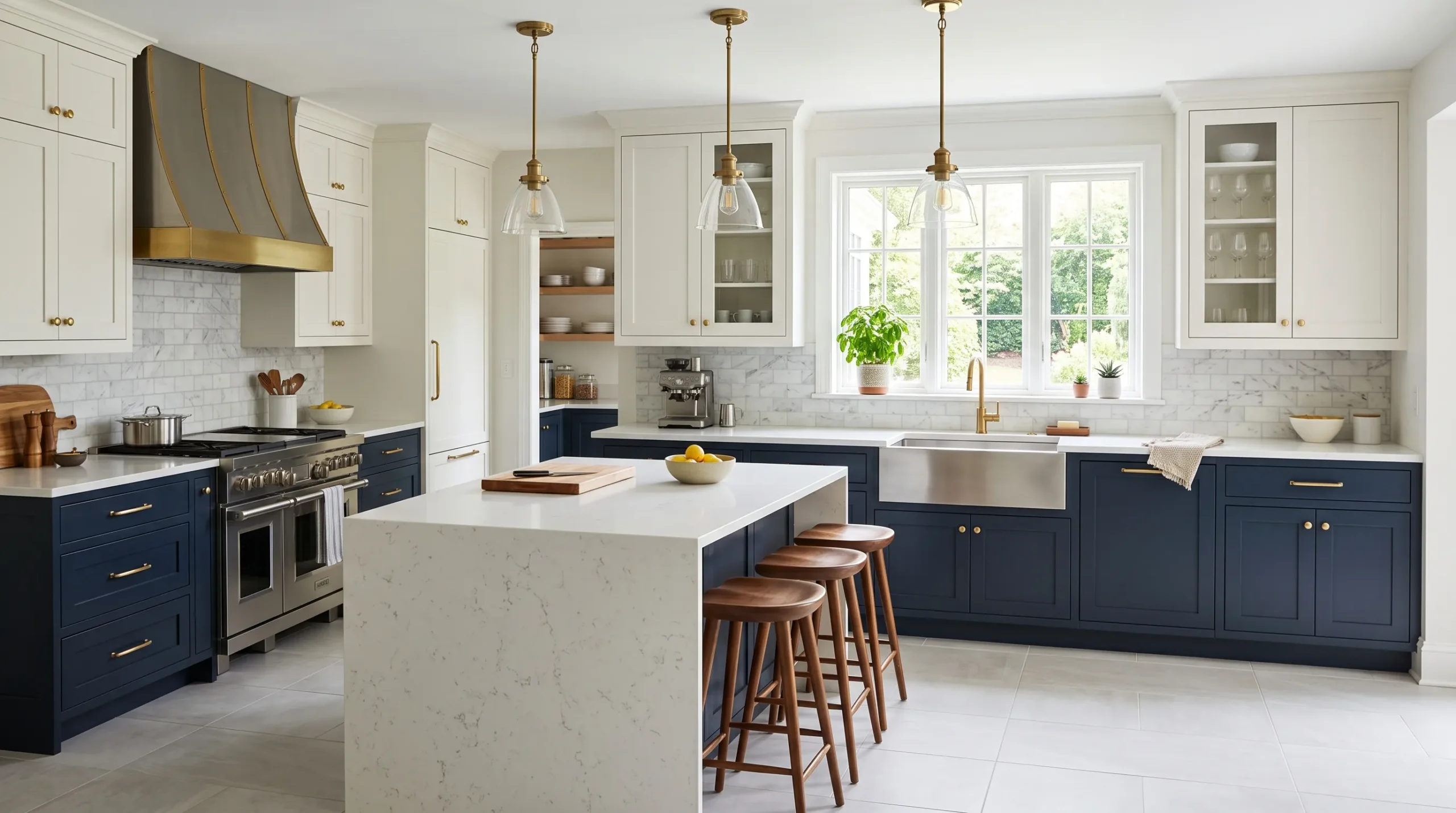 20 Two Tone Kitchen Cabinet Ideas That Create a Balanced, Stylish, and Designer Inspired Look 5 Two tone kitchen cabinet with navy lower cabinets and white uppers, gold hardware and quartz countertop in bright modern kitchen