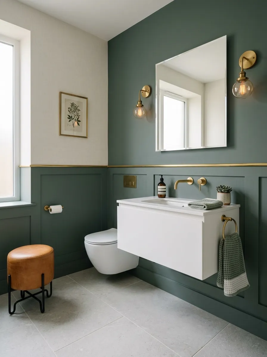 16 Half Bathroom Ideas That Maximize Style, Function, and Impact in a Small Space 13 Modern half bathroom with two tone walls in linen white and dusty green, brass rail divider, floating vanity, and frameless mirror