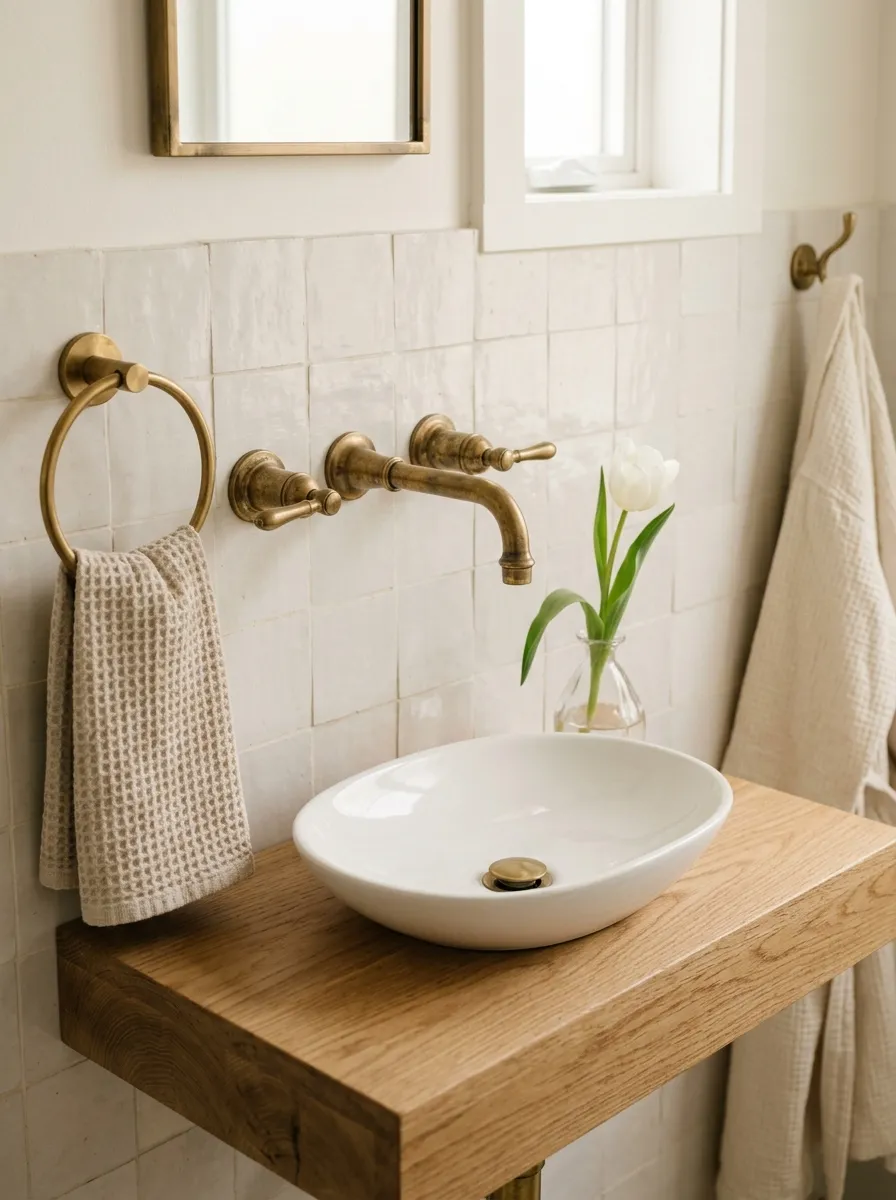 Unlacquered brass vessel faucet and towel ring on white tile wall in a warm and refined guest bathroom