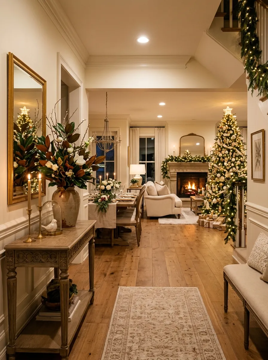 Upscale Christmas home with hallway console, grand tree, and elegant dining table for cohesive luxury holiday home decor throughout