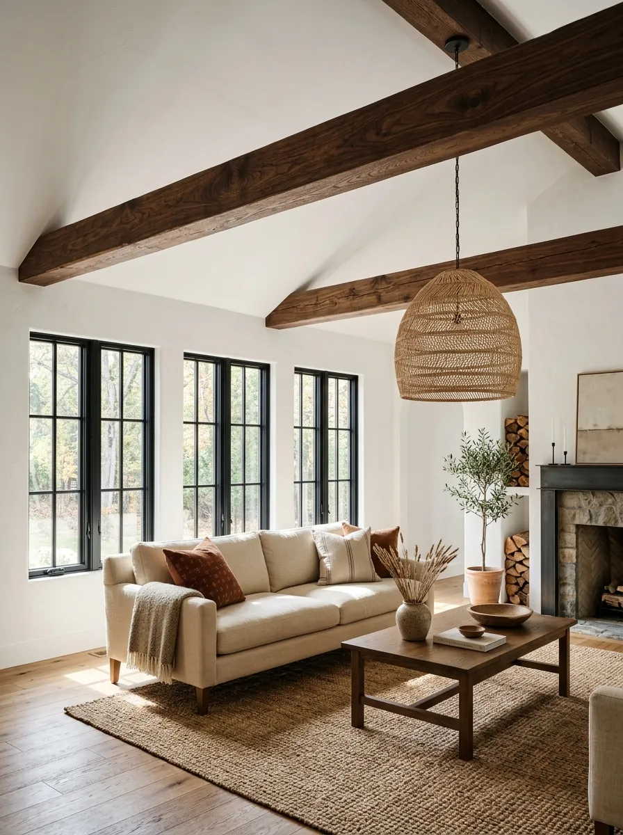 21 Modern Farmhouse Living Room Ideas That Perfectly Balance Texture, Warmth, and Modern Style 2 A farmhouse living room with vaulted white plaster ceiling, three dark walnut wood beams, cream linen sofa, and rattan pendant light.