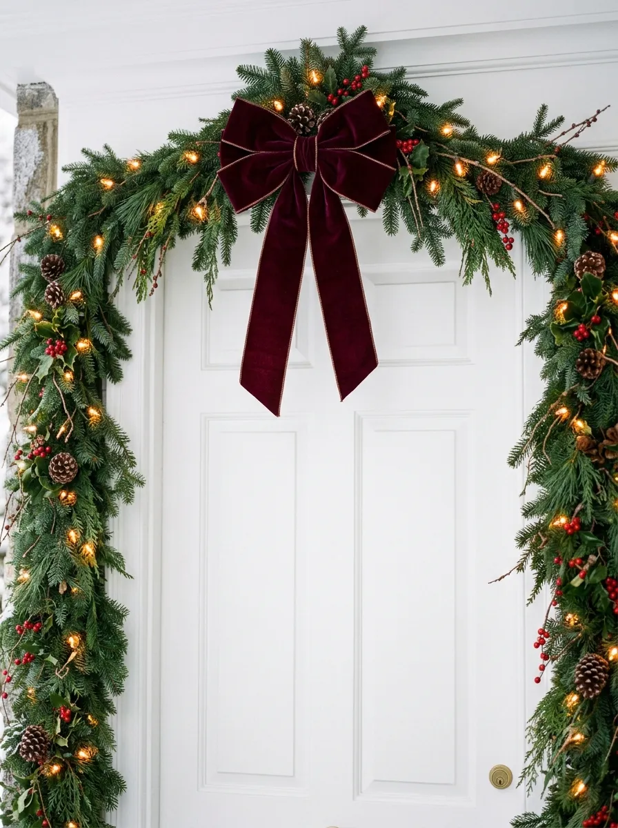 19 Winter Porch Decorating Ideas That Instantly Boost Cozy Curb Appeal All Season Long 13 Lush pine garland with large velvet burgundy bows on a white front door as beautiful winter front porch decor