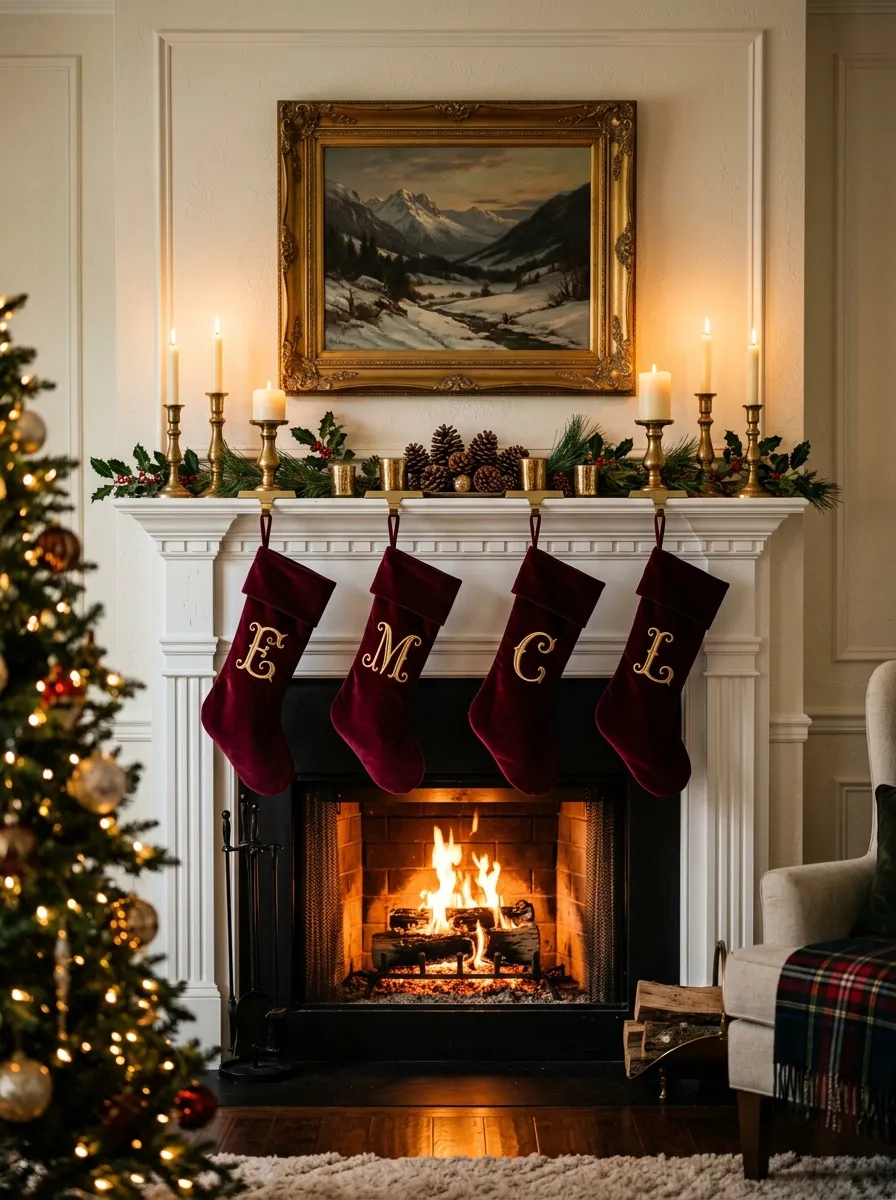 Burgundy velvet monogrammed Christmas stockings on a white mantel with brass holders and ivory candles