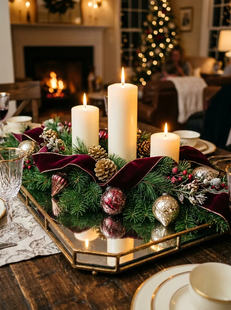 Mirrored tray with pine garland, burgundy velvet ribbon, and pillar candles as luxurious holiday table centerpieces