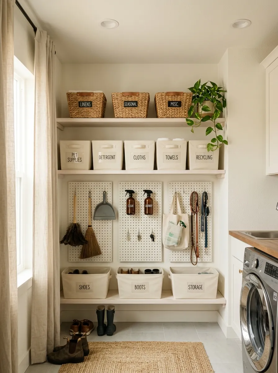 Tall vertical mudroom laundry room storage wall with floating shelves, pegboard hooks, wicker baskets, and trailing plant