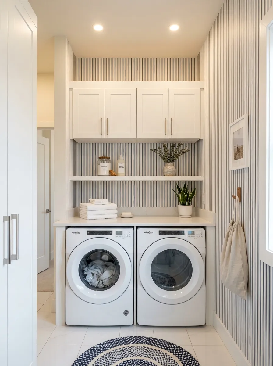 Narrow laundry room with vertical thin stripe navy and white laundry room wallpaper to raise ceiling height, white flat panel cabinetry, and nickel handles