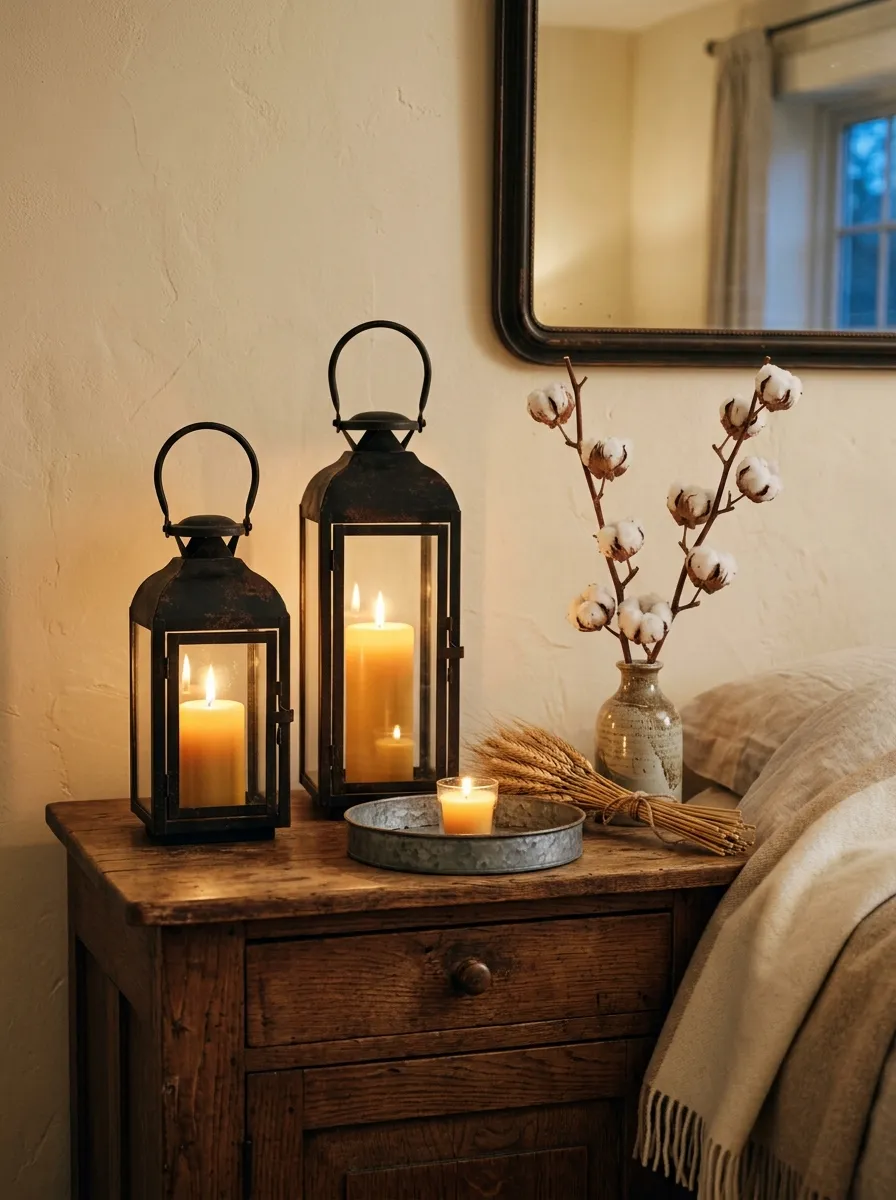 Two black iron farmhouse lanterns with beeswax pillar candles glowing on a styled farmhouse bedroom dresser at evening