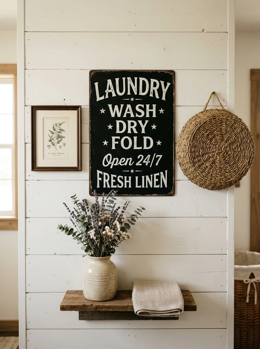 Vintage black laundry sign and botanical decor arranged on white shiplap wall in a cozy farmhouse style laundry room