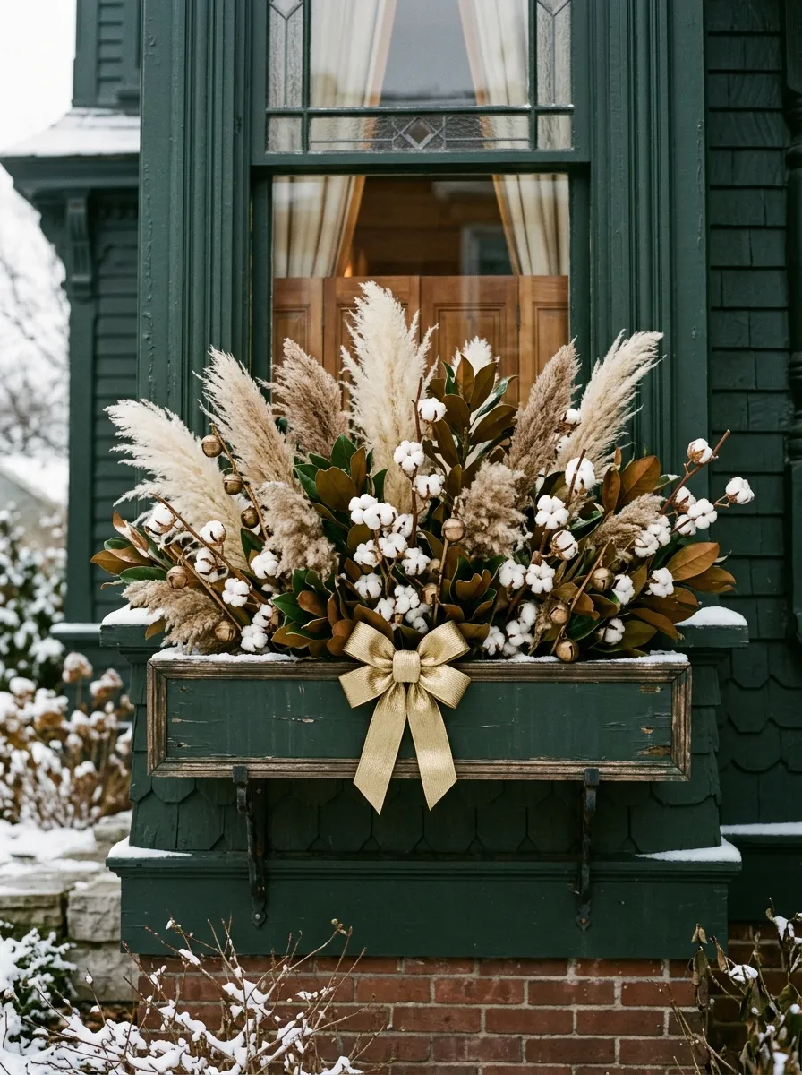 18 Winter Window Box Ideas That Bring Magical Seasonal Charm to Your Home Exterior 15 Refined vintage winter window box with dried pampas, cotton bolls, magnolia leaves, and brass accents on a Victorian home