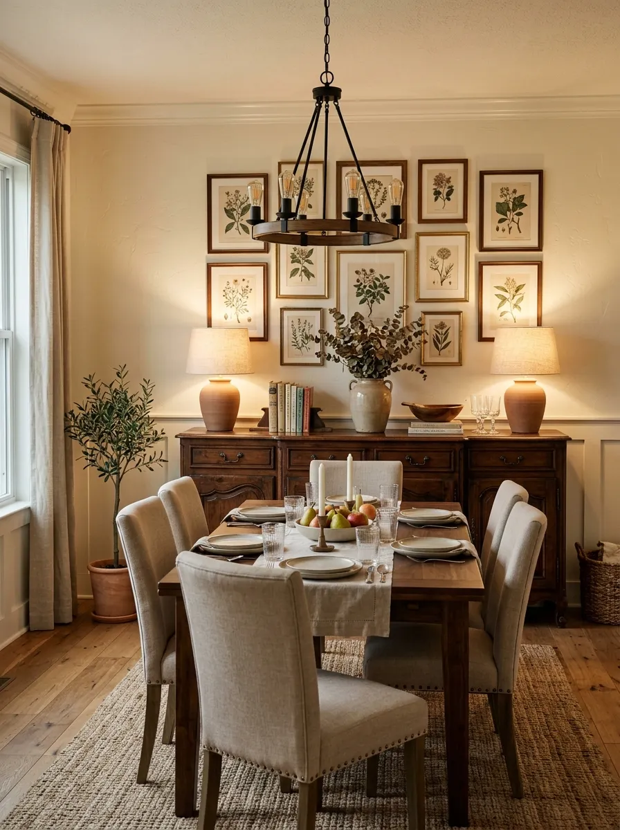 Modern farmhouse dining room with vintage buffet cabinet, walnut dining table, upholstered beige chairs, and botanical prints above