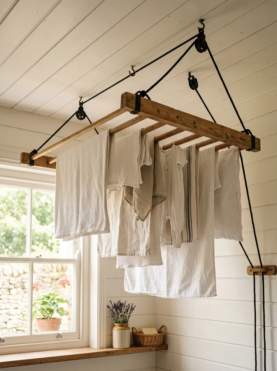 Vintage wood ceiling drying rack with black rope pulleys and white linens in a bright rustic laundry room with shiplap ceiling
