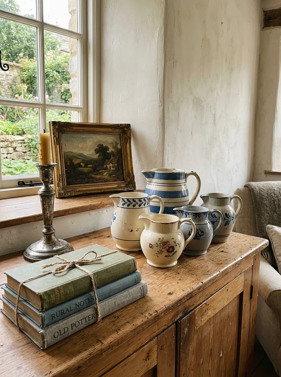 21 Earthy Cottage Decorating Ideas That Transform Your Home Into a Calm and Cozy Retreat 12 Antique sideboard with vintage ceramic pitchers, silver candlestick, and old oil painting in a charming cottage interior