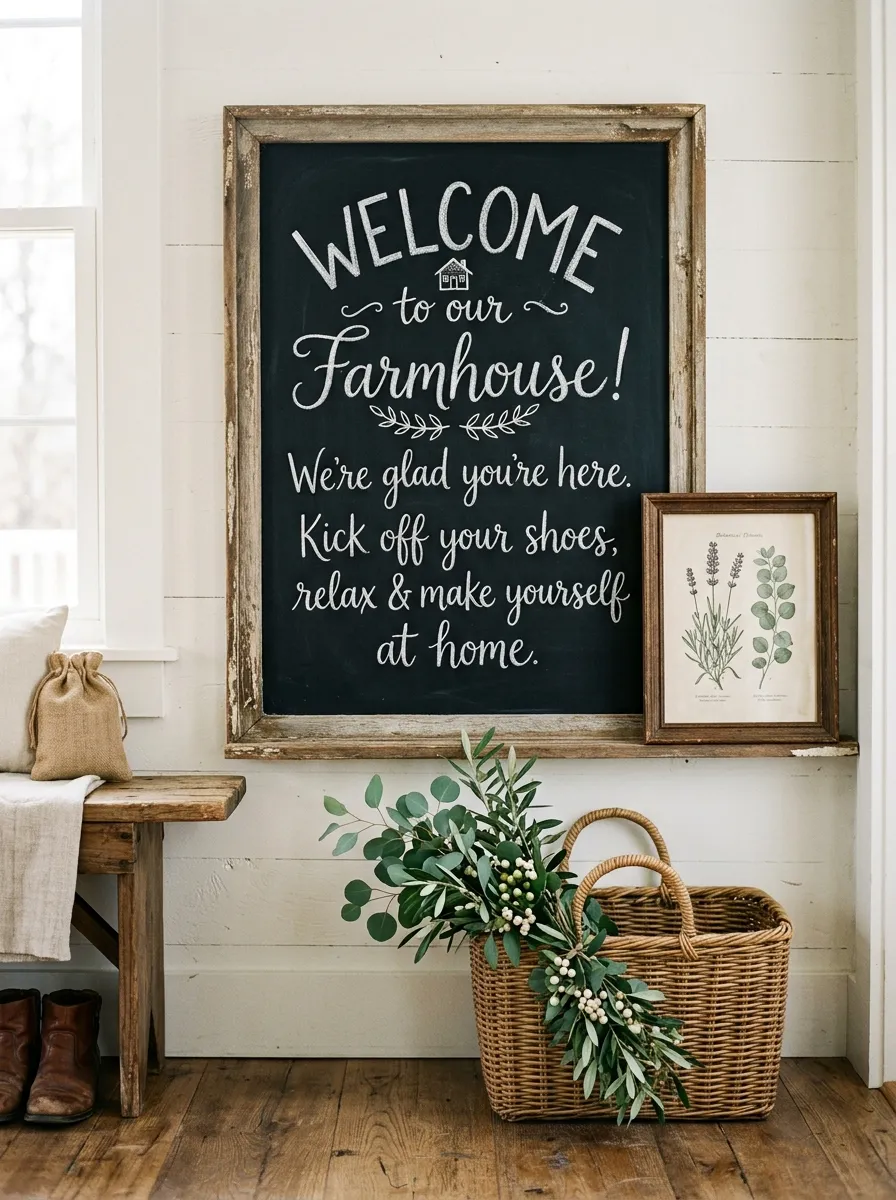 Large vintage chalkboard with welcome message in farmhouse entryway with botanical print, woven basket, and soft warm light