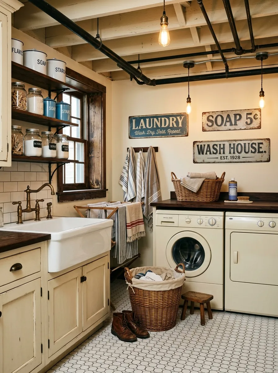 16 Basement Laundry Room Ideas That Use Smart Design Principles to Make Every Inch Work Better 15 Vintage basement laundry room with hex floor tile, farmhouse sink, Edison bulb lighting, exposed black painted pipes, and enamelware storage