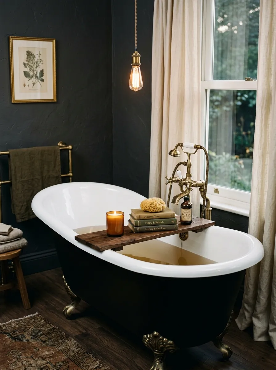 22 Dark Moody Bathroom Ideas for a Bold, Dramatic, and Surprisingly Cozy Modern Space 13 White clawfoot tub with black exterior and brass feet against charcoal walls in a vintage dark moody bathroom setting.