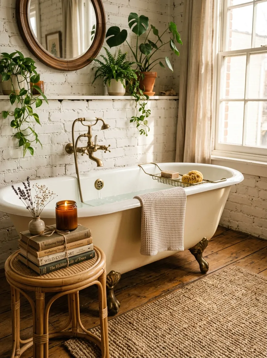 19 Boho Bathroom Ideas That Combine Soft Textures, Natural Details, and Soulful Eclectic Style 5 A cream vintage clawfoot tub in a Boho bathroom with rattan side table, beeswax candle, jute rug, and aged brass faucet fittings on white painted brick.