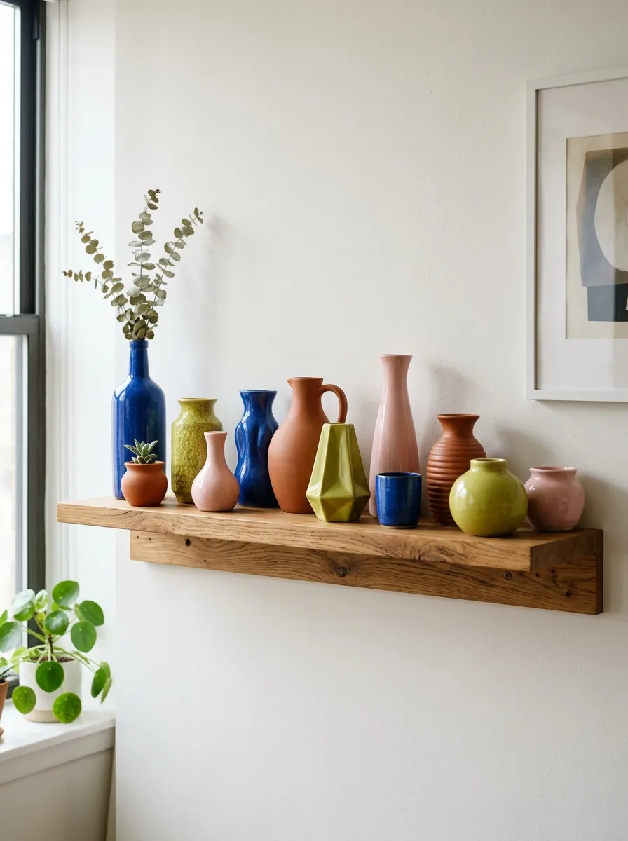 22 Colorful Apartment Decorating Ideas That Make Every Room Feel Bold, Stylish, and Cohesive 9 Curated vintage colorful ceramic vases in cobalt blue, terracotta, and blush pink on a wooden apartment shelf