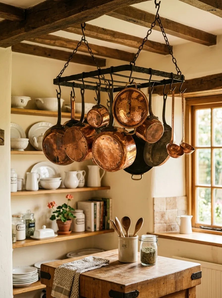 Vintage copper pots and pans on wrought iron ceiling rack in a cottage kitchen design with cream walls and warm light