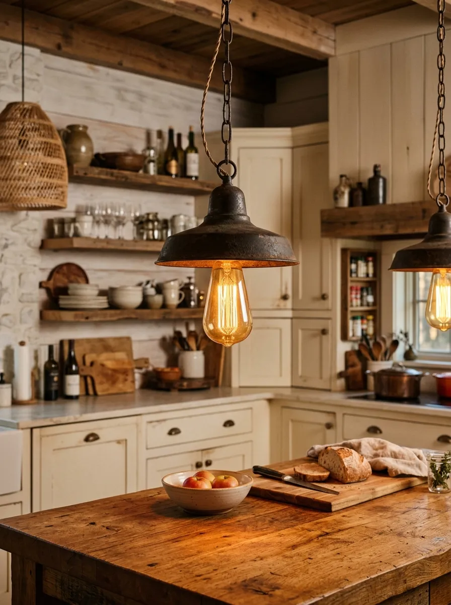23 Rustic Farmhouse Kitchen Ideas That Use Quiet Design Rules to Create a Timeless Look 7 Aged metal pendant lights with warm Edison bulbs above a butcher block island in a rustic farmhouse kitchen.