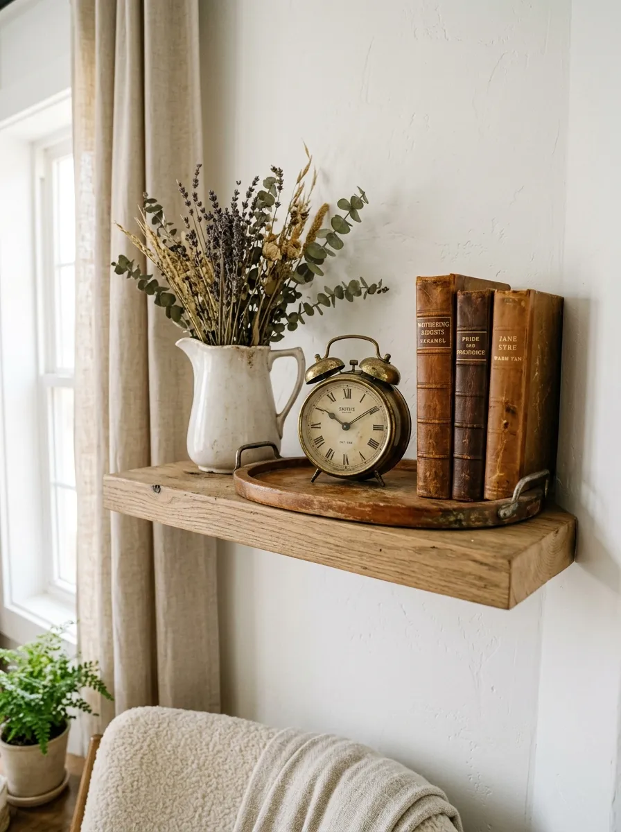 21 Modern Farmhouse Living Room Ideas That Perfectly Balance Texture, Warmth, and Modern Style 17 A farmhouse living room shelf displaying a worn wooden tray, aged brass vintage clock, leather bound books, and a white ironstone pitcher with dried stems.