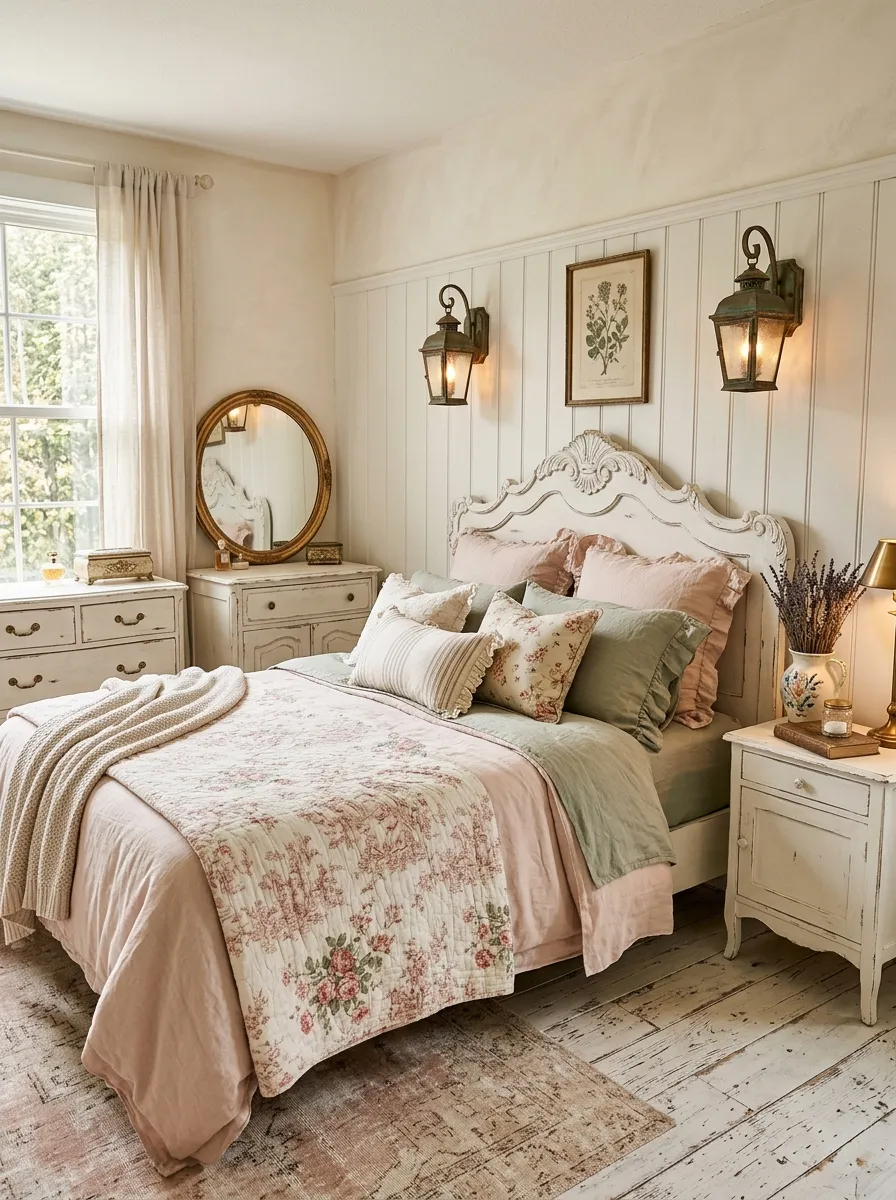Vintage French country boutique bedroom with carved white headboard, floral bedding, and lavender stems for a romantic nostalgic look