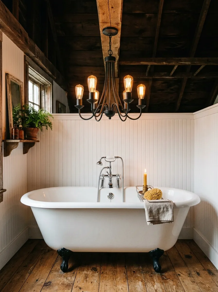 Vintage black iron chandelier with Edison bulbs above a freestanding soaking tub in a romantic rustic farmhouse bathroom