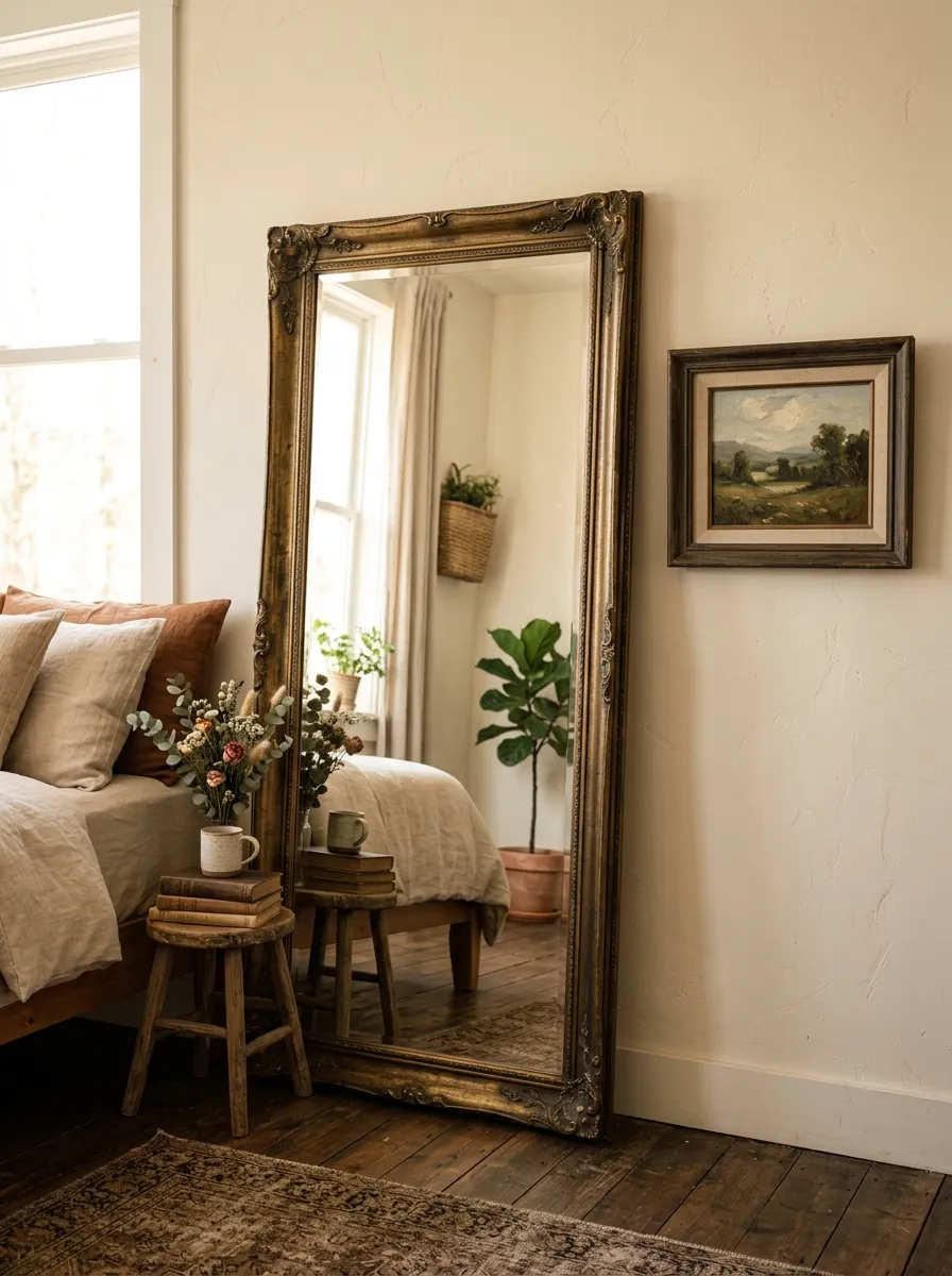 Large vintage gold frame mirror leaning against cream wall in a timeless bedroom decor style