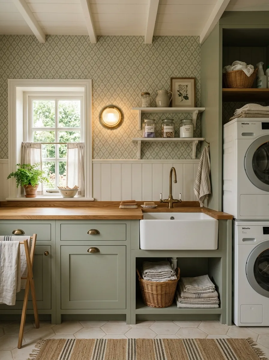 Cozy laundry room with muted sage vintage trellis laundry room wallpaper above white wainscoting, sage cabinetry, and aged brass cup handles